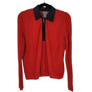 Dolce and fabuloso womens XL red ribbed zip v neck faux leather collar sweater